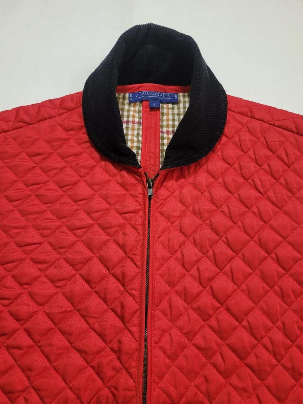 J McLaughlin Red Diamond Quilted Vest Corduroy Collar Plaid Lining Small Preppy - Picture 5 of 10